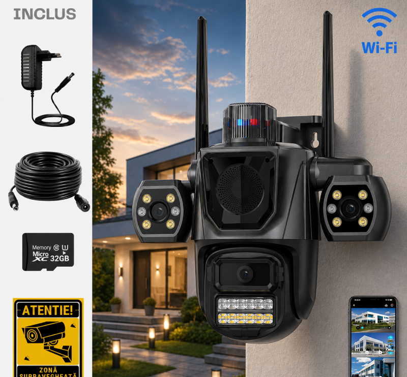 Camera supraveghere AI tripla 360, 3 lentile, WIFI, Monitorizare completa, Vizualizare live pe telefon, Detectie miscare cu tracking automat, Vedere nocturna LED, Audio bidirectional, Alarma integrata Glorio