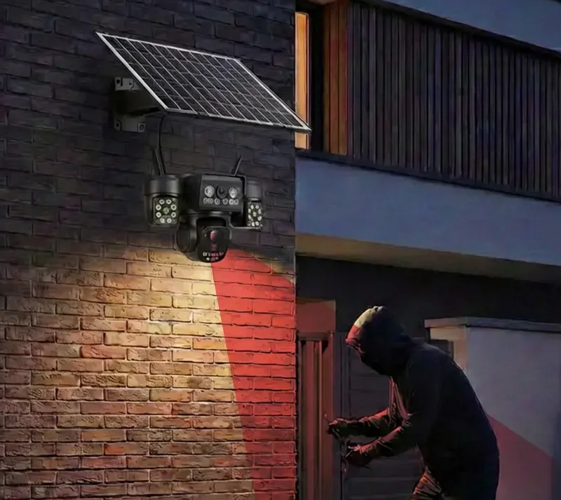 Camera supraveghere solara tripla, 4G, 3 lentile, 360 grade, Monitorizare completa fara cabluri, Panou solar, Baterie reincarcabila, Detectie miscare cu notificari, Tracking automat, Vedere nocturna IR si color, Audio bidirectional, Alarma Glorio