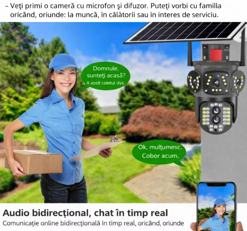 Camera supraveghere solara PRO 6MP, 4G, Baterie reincarcabila, Vedere nocturna color, Detectie miscare, Tracking uman, Audio bidirectional, Panou solar, IP66 Glorio