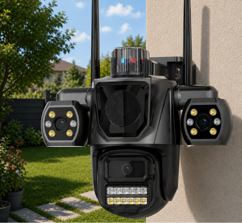 Camera supraveghere AI tripla 360, 3 lentile, WIFI, Monitorizare completa, Vizualizare live pe telefon, Detectie miscare cu tracking automat, Vedere nocturna LED, Audio bidirectional, Alarma integrata Glorio