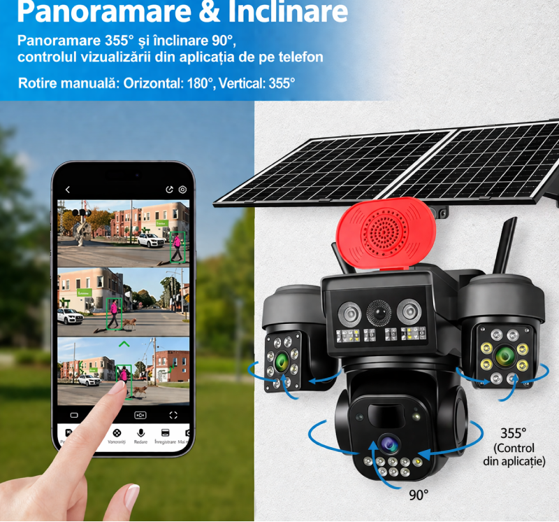 Camera supraveghere solara tripla, 4G, 3 lentile, 360 grade, Monitorizare completa fara cabluri, Panou solar, Baterie reincarcabila, Detectie miscare cu notificari, Tracking automat, Vedere nocturna IR si color, Audio bidirectional, Alarma Glorio