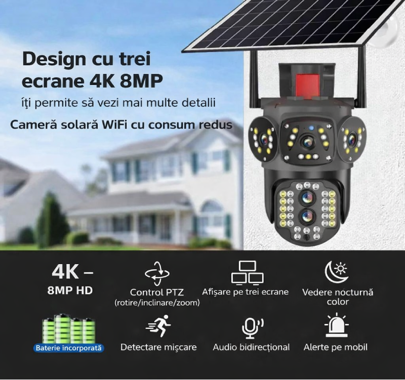Camera supraveghere solara PRO 6MP, 4G, Baterie reincarcabila, Vedere nocturna color, Detectie miscare, Tracking uman, Audio bidirectional, Panou solar, IP66 Glorio