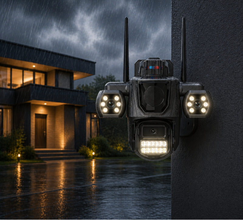 Camera supraveghere AI tripla 360, 3 lentile, WIFI, Monitorizare completa, Vizualizare live pe telefon, Detectie miscare cu tracking automat, Vedere nocturna LED, Audio bidirectional, Alarma integrata Glorio