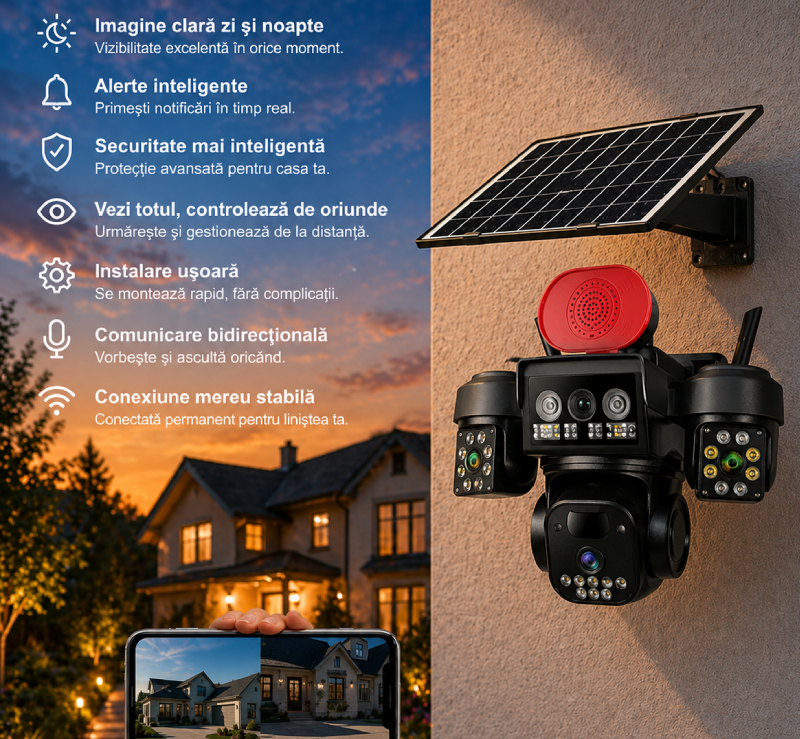 Camera supraveghere solara tripla, 4G, 3 lentile, 360 grade, Monitorizare completa fara cabluri, Panou solar, Baterie reincarcabila, Detectie miscare cu notificari, Tracking automat, Vedere nocturna IR si color, Audio bidirectional, Alarma Glorio