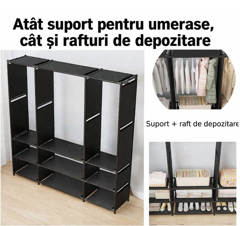 Dulap organizator haine cu rafturi si bara umerase, Design practic, Multifunctional, 170x130x36 cm, Negru Glorio