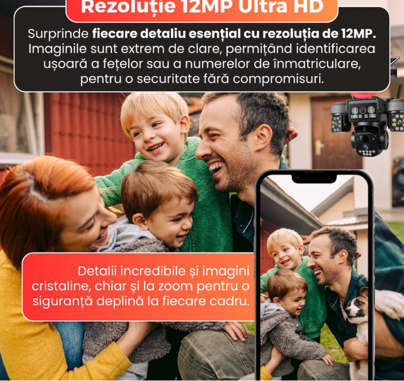 Camera supraveghere solara tripla, 4G, 3 lentile, 360 grade, Monitorizare completa fara cabluri, Panou solar, Baterie reincarcabila, Detectie miscare cu notificari, Tracking automat, Vedere nocturna IR si color, Audio bidirectional, Alarma Glorio