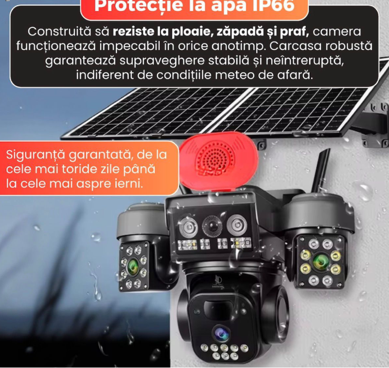 Camera supraveghere solara tripla, 4G, 3 lentile, 360 grade, Monitorizare completa fara cabluri, Panou solar, Baterie reincarcabila, Detectie miscare cu notificari, Tracking automat, Vedere nocturna IR si color, Audio bidirectional, Alarma Glorio
