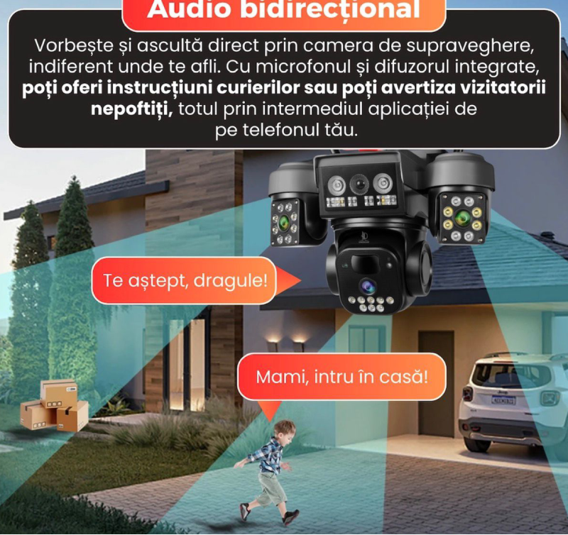 Camera supraveghere solara tripla, 4G, 3 lentile, 360 grade, Monitorizare completa fara cabluri, Panou solar, Baterie reincarcabila, Detectie miscare cu notificari, Tracking automat, Vedere nocturna IR si color, Audio bidirectional, Alarma Glorio