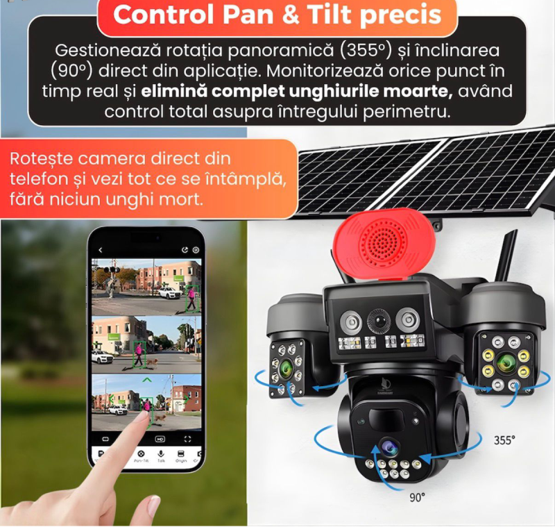 Camera supraveghere solara tripla, 4G, 3 lentile, 360 grade, Monitorizare completa fara cabluri, Panou solar, Baterie reincarcabila, Detectie miscare cu notificari, Tracking automat, Vedere nocturna IR si color, Audio bidirectional, Alarma Glorio