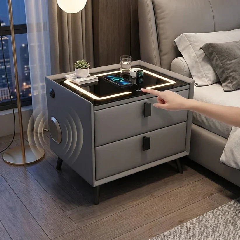 Noptieră Smart Modernă cu 2 Sertare - Încărcare Wireless, Audio Bluetooth & Iluminare LED Ambientală, Gri Antracit Glorio