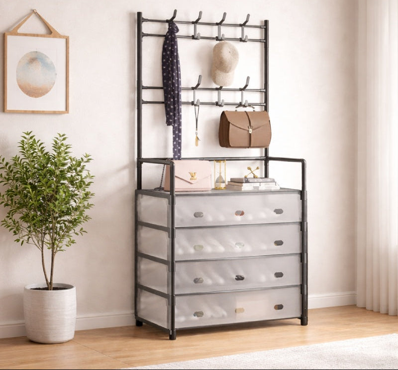 Organizator multifunctional pentru incaltaminte, Cuier lateral, 5 polite, 8 carlige, Usi anti-praf, Cadru metalic, Design vertical compact Glorio