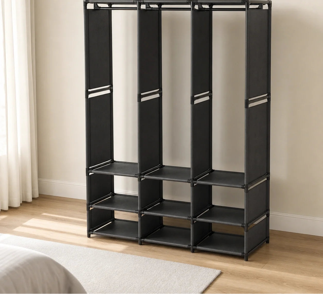 Dulap organizator haine cu rafturi si bara umerase, Design practic, Multifunctional, 170x130x36 cm, Negru Glorio