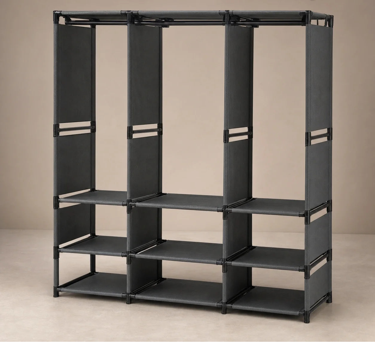 Dulap organizator haine cu rafturi si bara umerase, Design practic, Multifunctional, 170x130x36 cm, Negru Glorio