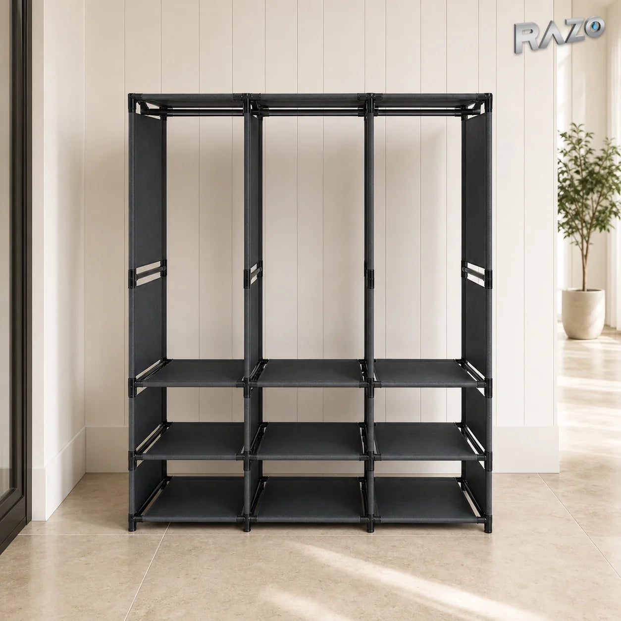 Dulap organizator haine cu rafturi si bara umerase, Design practic, Multifunctional, 170x130x36 cm, Negru Glorio