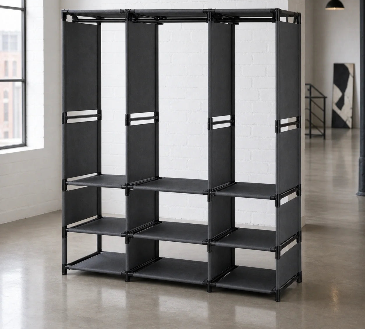 Dulap organizator haine cu rafturi si bara umerase, Design practic, Multifunctional, 170x130x36 cm, Negru Glorio
