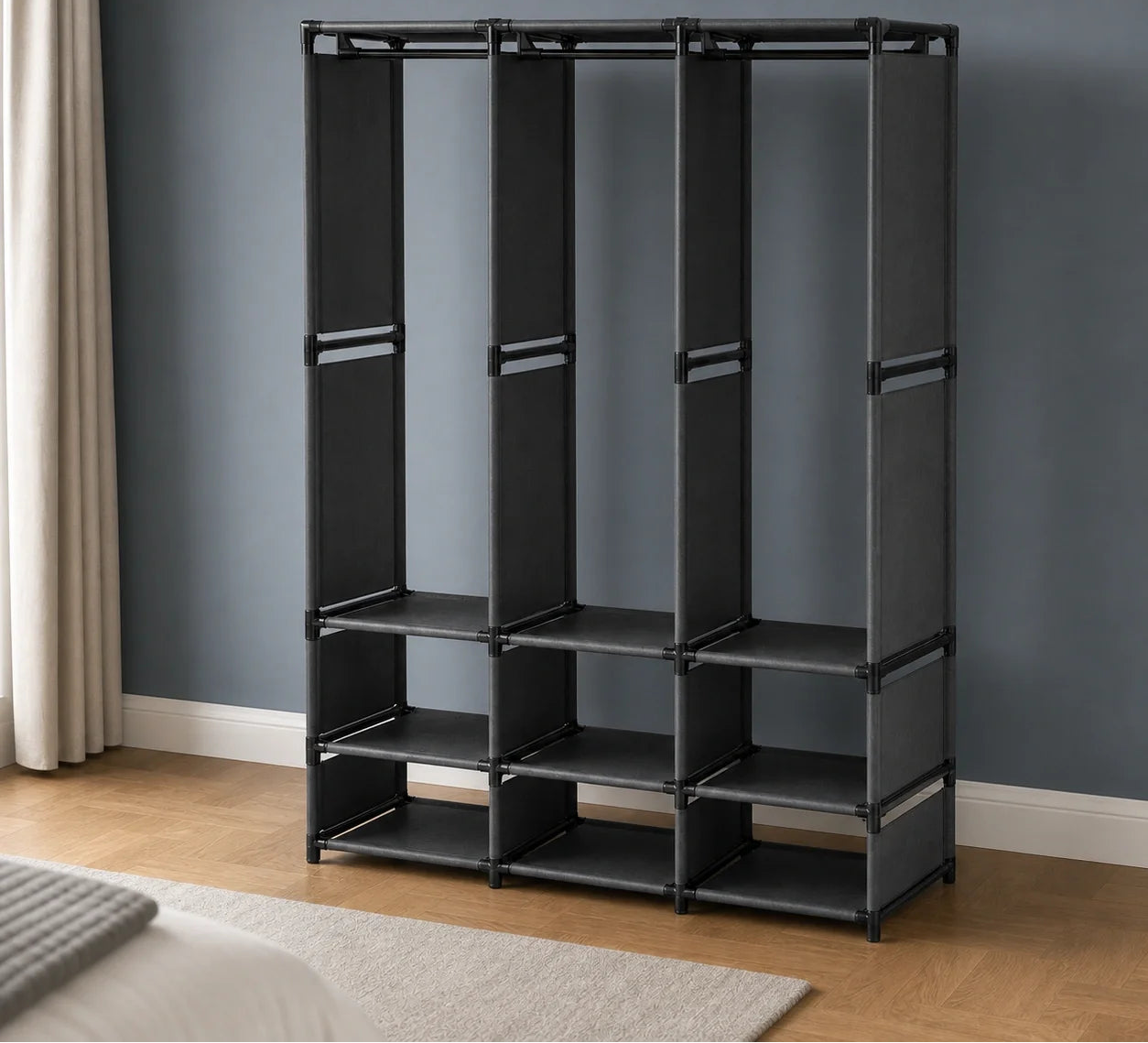 Dulap organizator haine cu rafturi si bara umerase, Design practic, Multifunctional, 170x130x36 cm, Negru Glorio