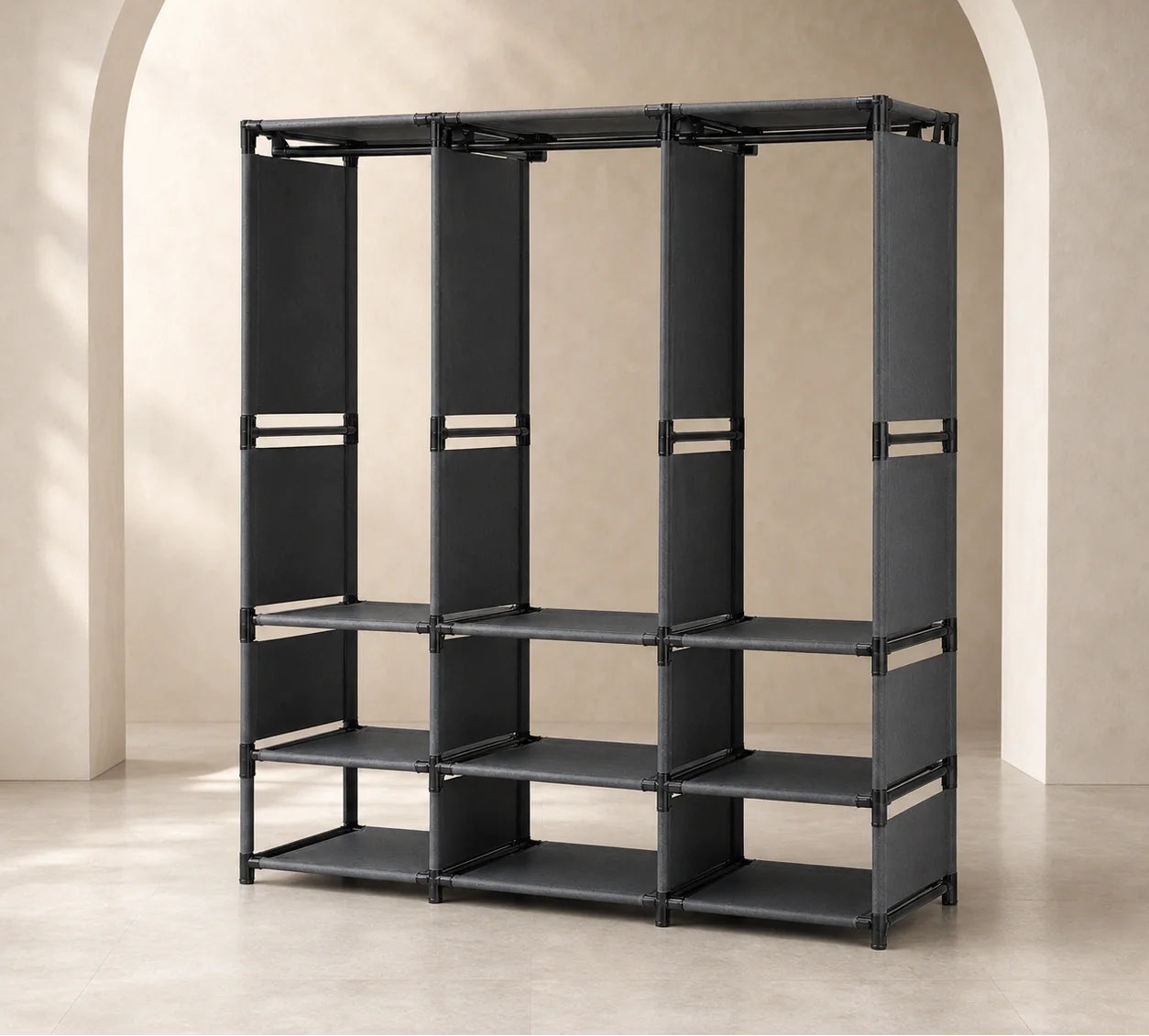 Dulap organizator haine cu rafturi si bara umerase, Design practic, Multifunctional, 170x130x36 cm, Negru Glorio