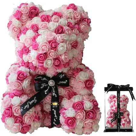 CADOU de Valentine's Day: Ursulet din trandafiri de sapun in cutie cadou, Inaltime 25cm Doimeseriasi.ro