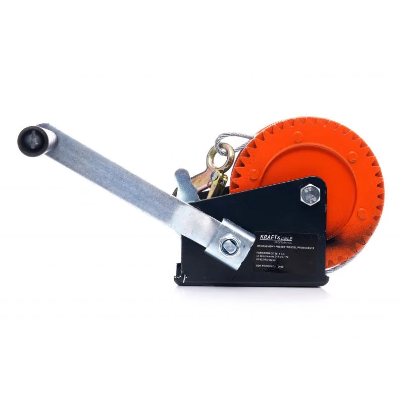 Troliu Manual Puternic 550 KG cu Carlig, Manivela, Reductor Melcat cu Auto-Blocare Glorio