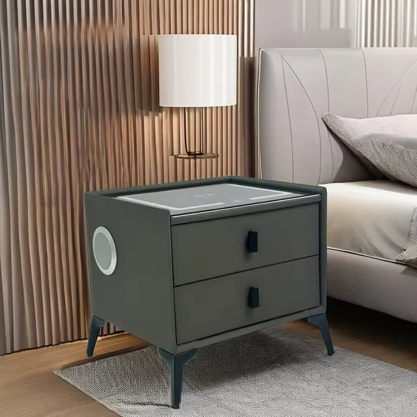 Noptieră Smart Modernă cu 2 Sertare - Încărcare Wireless, Audio Bluetooth & Iluminare LED Ambientală, Gri Antracit Glorio