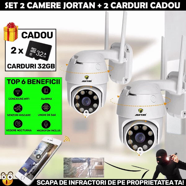 LICHIDARE STOC: SET 2 X Camera Smart Color Jortan Surveillance2® Wifi, IP Vizualizare Live Prin Aplicatie, Senzor de Miscare, 64 GB carduri + CADOU SURPRIZA Doimeseriasi.ro