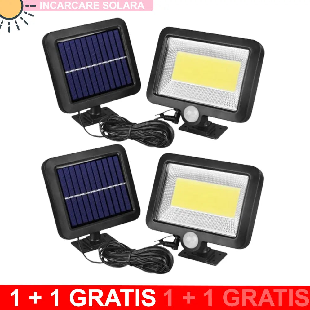 Set 2 Lampi Solare Cu Panou Separat 120W Lumina Puternica, 100 LED COB, Cu Senzor De Miscare si Telecomanda, 1+1 CADOU Glorio.ro