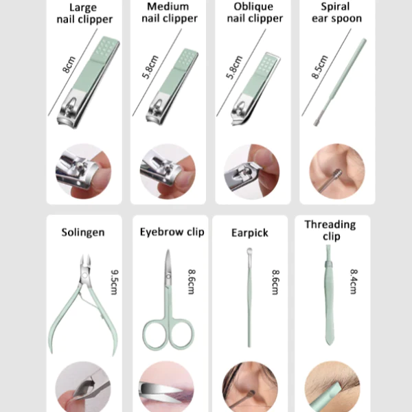 Trusă de manichiură/pedichiură ProNail® 16 piese, geantă pentru depozitare, Negru mat, Oțel inoxidabil