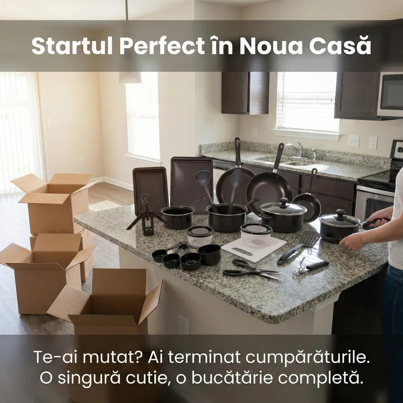 Set Complet Bucătărie 22 Piese Carter & Clay, Vase Gătit Antiaderente ILAG, Tavă Cuptor și Ustensile, Oțel Carbon, Negru Glorio