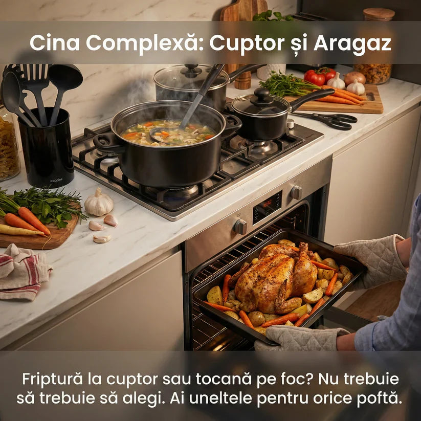 Set Complet Bucătărie 22 Piese Carter & Clay, Vase Gătit Antiaderente ILAG, Tavă Cuptor și Ustensile, Oțel Carbon, Negru Glorio
