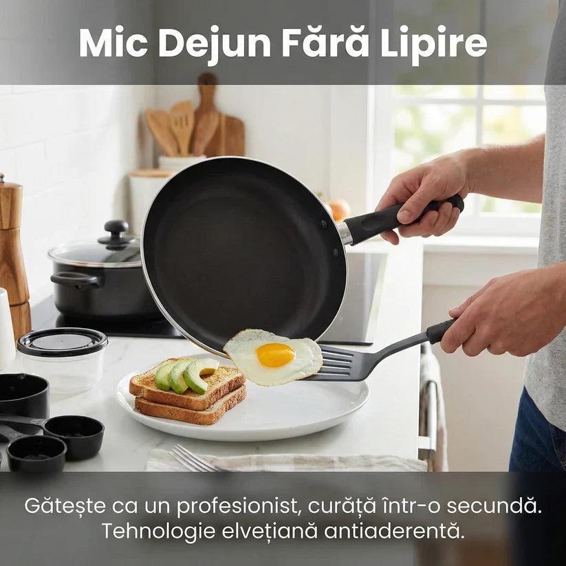 Set Complet Bucătărie 22 Piese Carter & Clay, Vase Gătit Antiaderente ILAG, Tavă Cuptor și Ustensile, Oțel Carbon, Negru Glorio