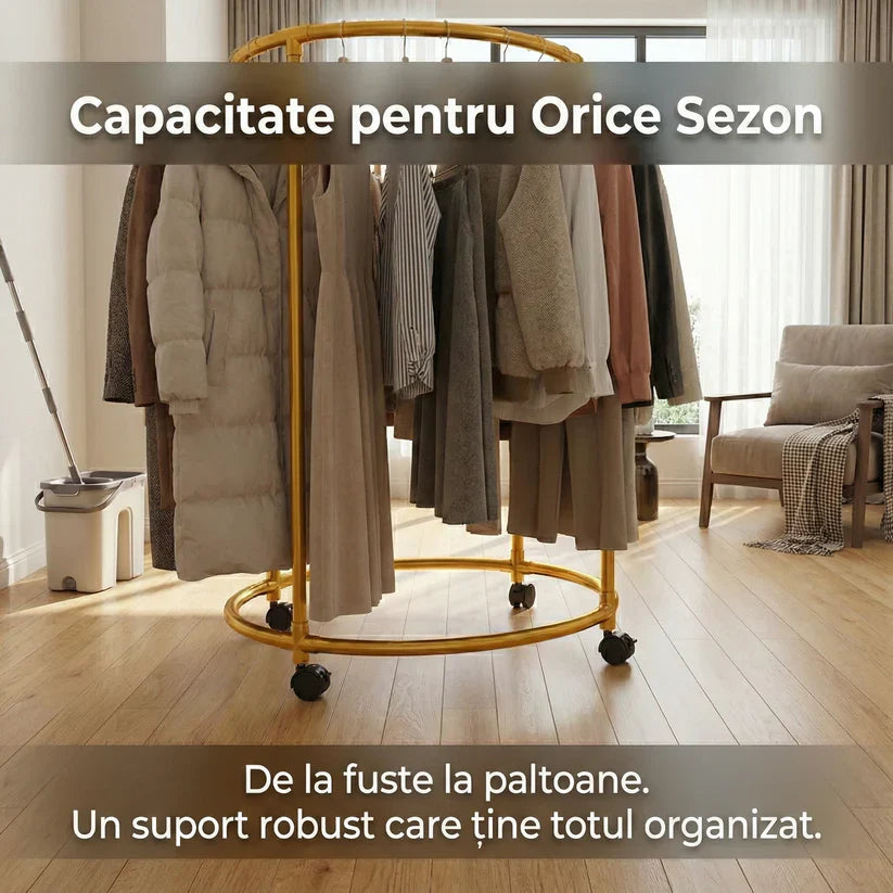 Suport Rotund pentru Haine din Oțel Inoxidabil, Mobil cu Roți Pivotante, 130cm, Auriu Glorio