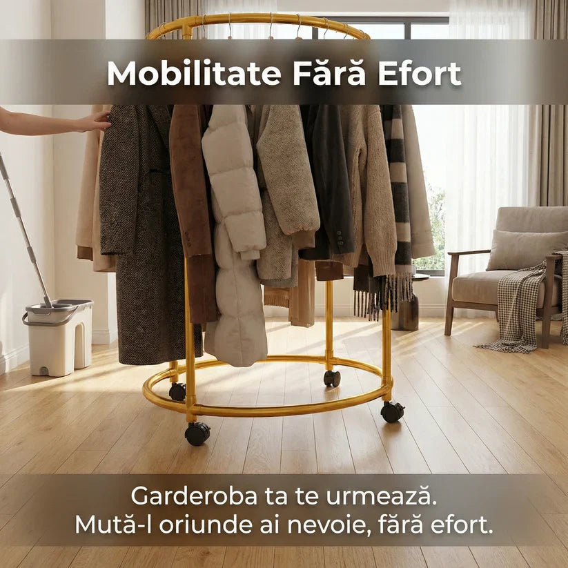 Suport Rotund pentru Haine din Oțel Inoxidabil, Mobil cu Roți Pivotante, 130cm, Auriu Glorio