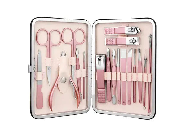 1+1 CADOU: Trusa COMPLETA Mani-Pedi de 18 piese din OTEL Inoxidabil si Accesorii Pentru Ingrijire Faciala incluse in Geanta de Depozitare Doimeseriasi.ro