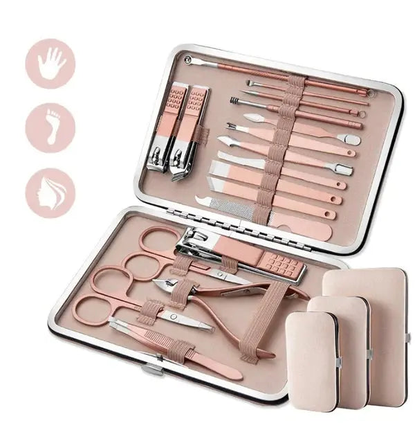 1+1 CADOU: Trusa COMPLETA Mani-Pedi de 18 piese din OTEL Inoxidabil si Accesorii Pentru Ingrijire Faciala incluse in Geanta de Depozitare Doimeseriasi.ro
