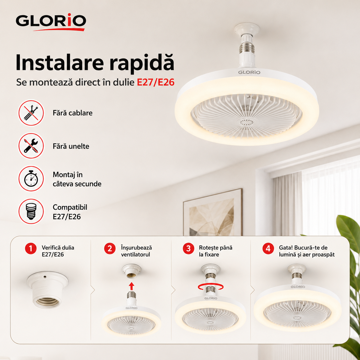 Ventilator cu Lumină 2 în 1 Glorio – Răcoare și iluminare într-un singur produs Glorio