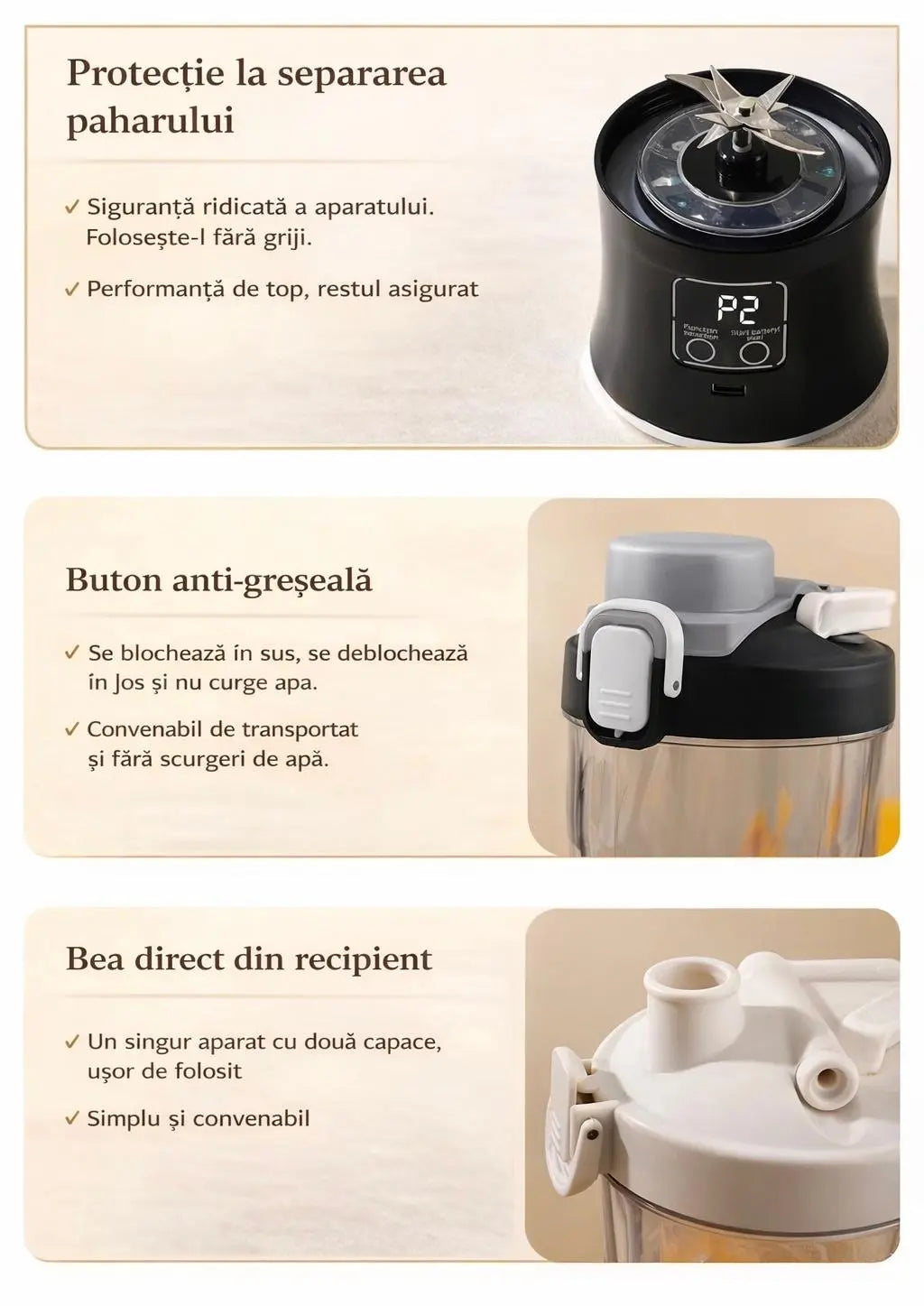 Blender Portabil Profesional cu Lama 10D, Zdrobeste Gheata, 3000mAh, 600ml Neamtul.ro