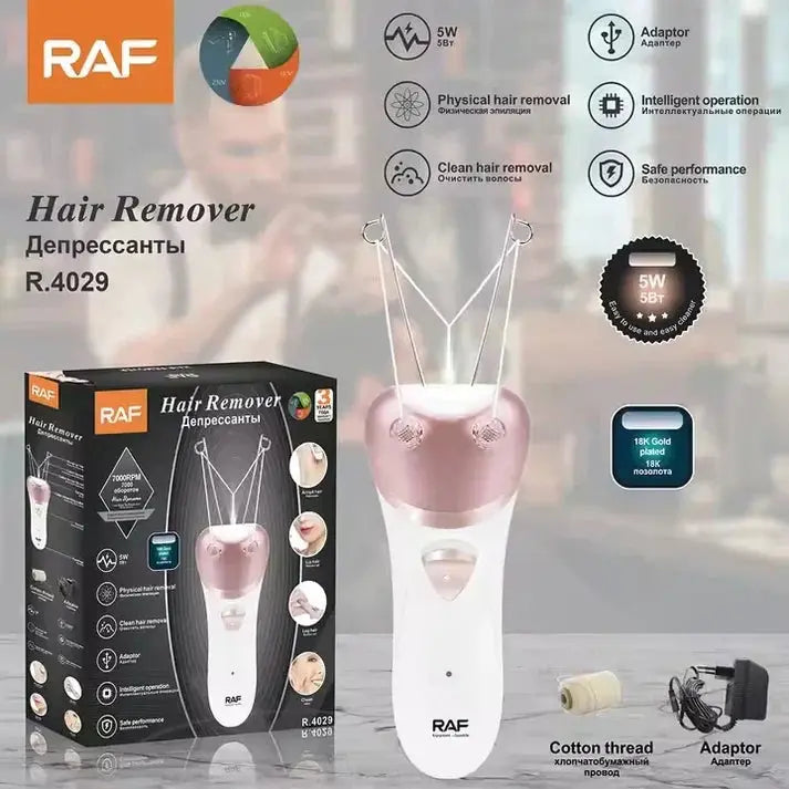 Epilator electric facial reincarcabil, cu fir de ata, RAF R4029, 5W, acumulator 1200mAh, 6x21cm, alb-roz Glorio