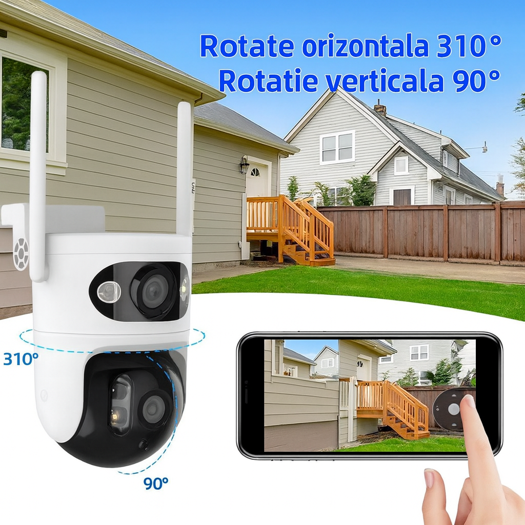 Cameră Wifi Exterior Duală Tuya 6Mp Rezoluție 4K, Audio Bidirectional, Infraroșu Color Glorio