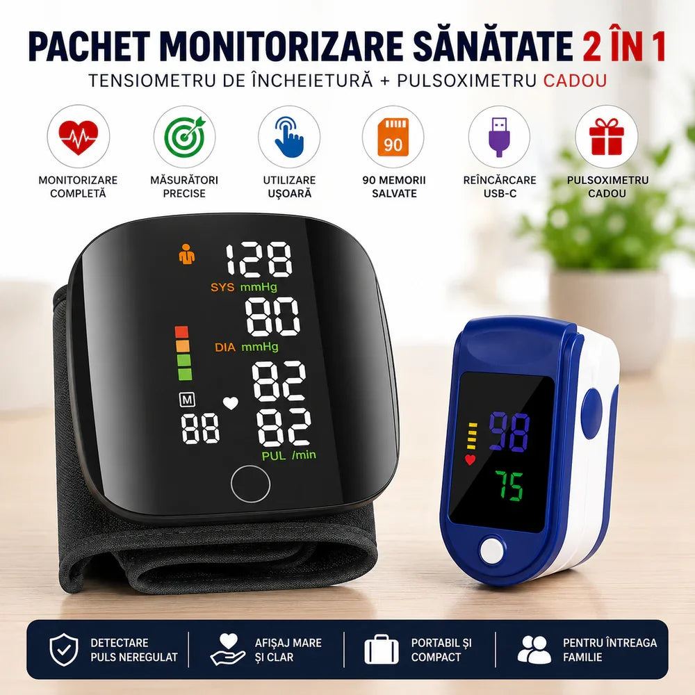 Pachet Monitorizare Sanatate 2 in 1 – Tensiometru Digital de Incheietura + Pulsoximetru OLED Cadou