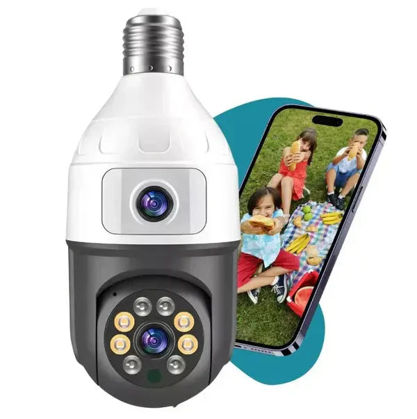 Camera Inteligenta De Supraveghere, cu 2 Lentile, Tip Bec, Conexiune Wifi, Aplicatie Telefon si Microfon Incorporat + Card 32GB Cadou Doimeseriasi.ro