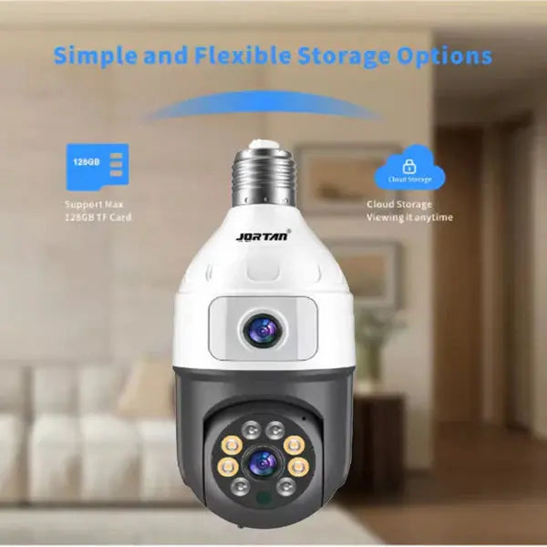 Camera Inteligenta De Supraveghere, cu 2 Lentile, Tip Bec, Conexiune Wifi, Aplicatie Telefon si Microfon Incorporat + Card 32GB Cadou Doimeseriasi.ro
