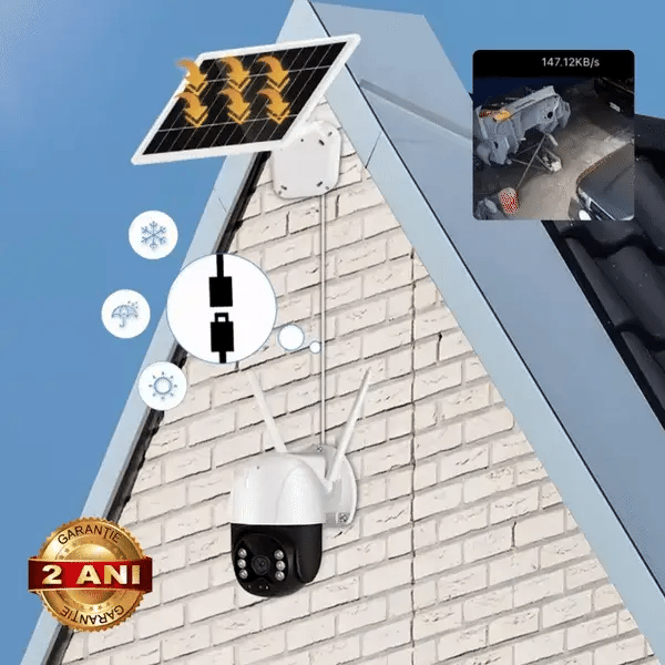 Camera de Supraveghere WiFi, Solara, Cu Acumulatori, Pentru Exterior, Vedere de Noapte, Grad Protectie Apa IP66, 2 Antene + card 32GB CADOU Neamtul.ro
