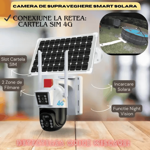 Camera De Supraveghere Smart, Cu Slot Cartela SIM si Incarcare Solara, 2 Zone de Filmare, Senzor De Detectie Miscare, Functie Night Vision Neamtul.ro