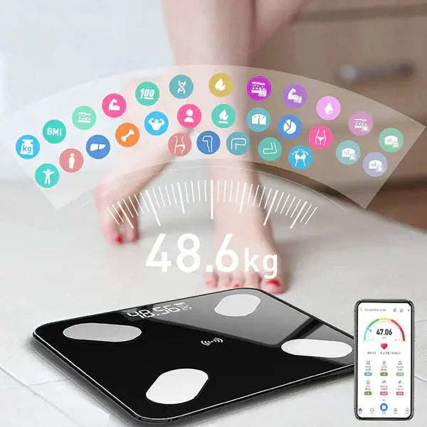1+1 GRATIS Cantar Inteligent, Conexiune Bluetooth, Ecran Afisaj LCD, Masoara Indicii Corporali, Din Sticla Securizata Neamtul.ro