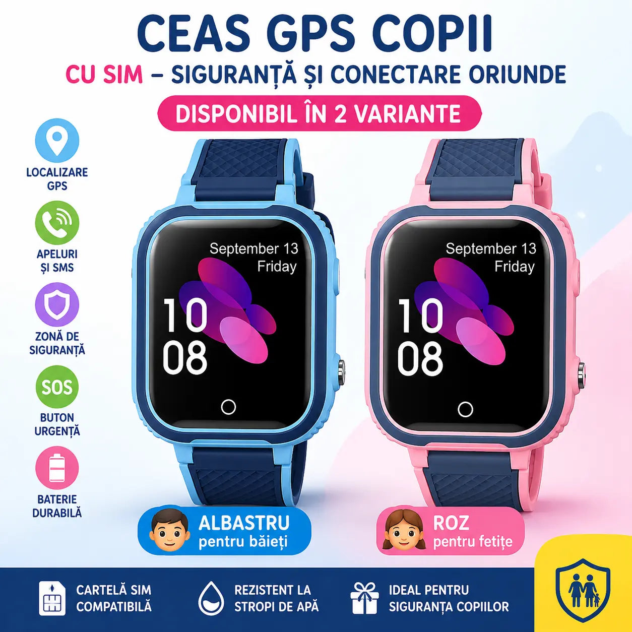 Ceas copii cu GPS si SIM Albastru sau Roz Glorio