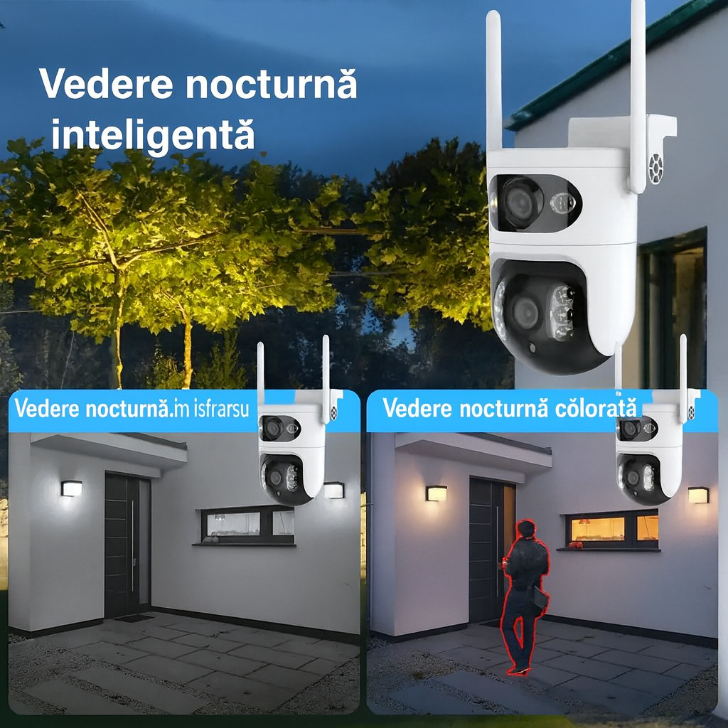 Cameră Wifi Exterior Duală Tuya 6Mp Rezoluție 4K, Audio Bidirectional, Infraroșu Color Glorio