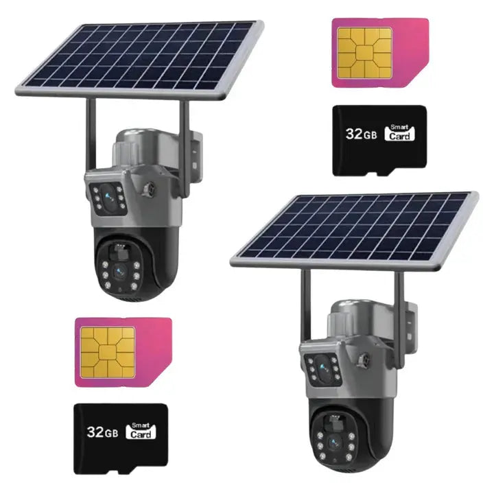 SET 2x Camere Duble 8MP - cu Slot SIM 4G si Panou Solar, Viziune Nocturna, IP66 + 2x Card 64 GB Glorio