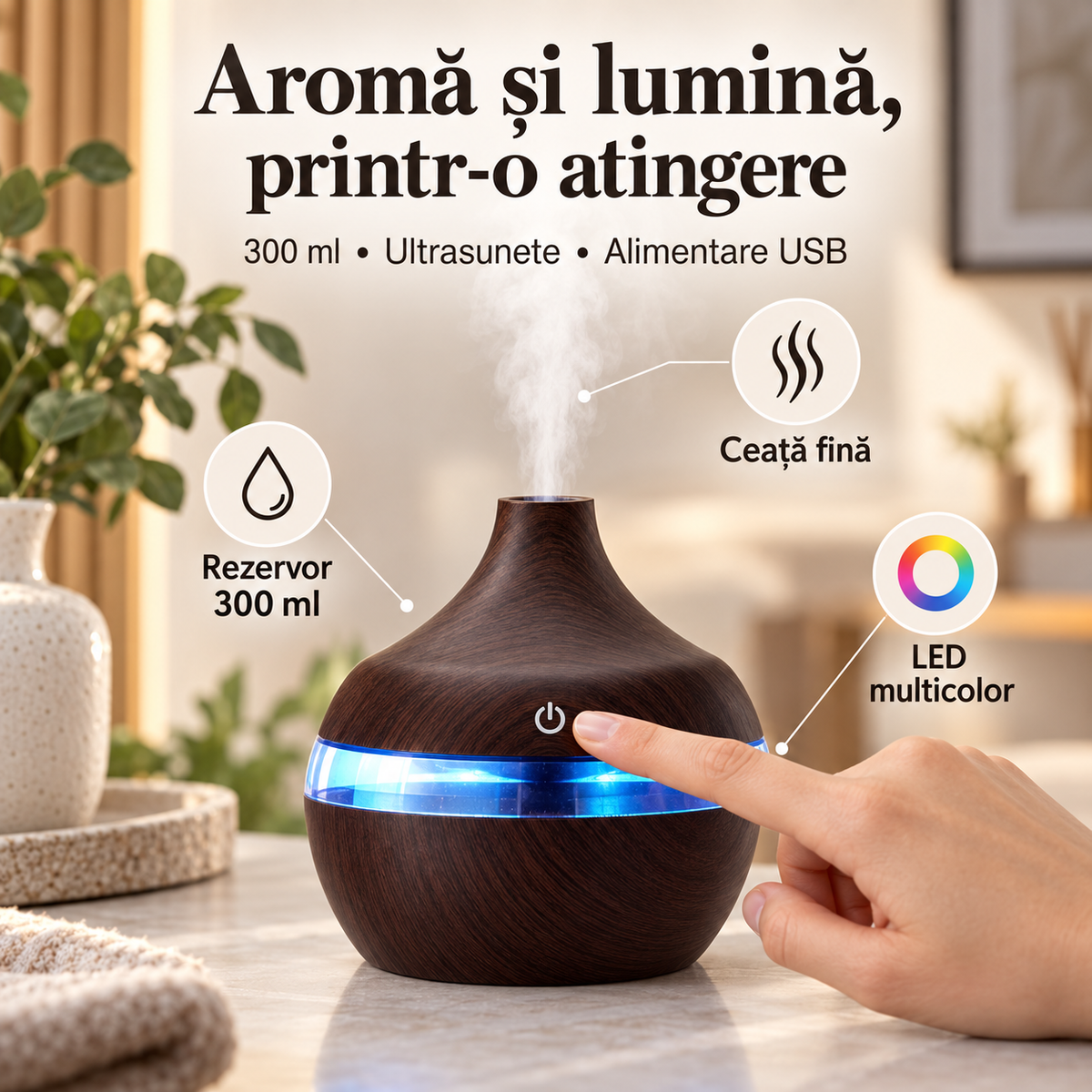 Difuzor ultrasonic Wenge: rezervor de 300 ml, ceață fină și iluminare LED.