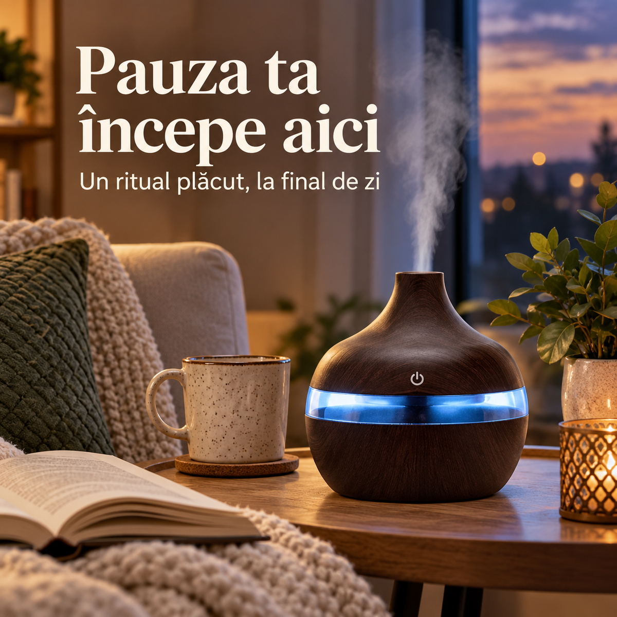Difuzor de aromaterapie cu LED într-un colț de lectură.