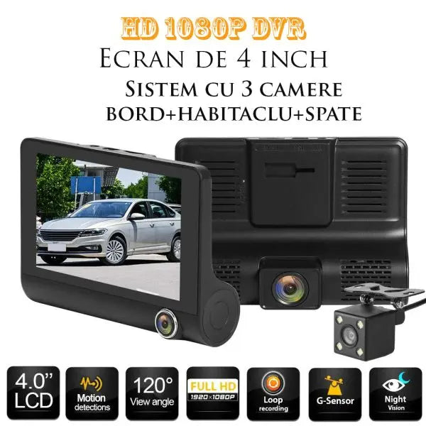 Camera auto TRIPLA Full HD cu monitor de 4 INCH pentru bord si unghi larg de filmare de 170 grade + Card 64GB Doimeseriasi.ro